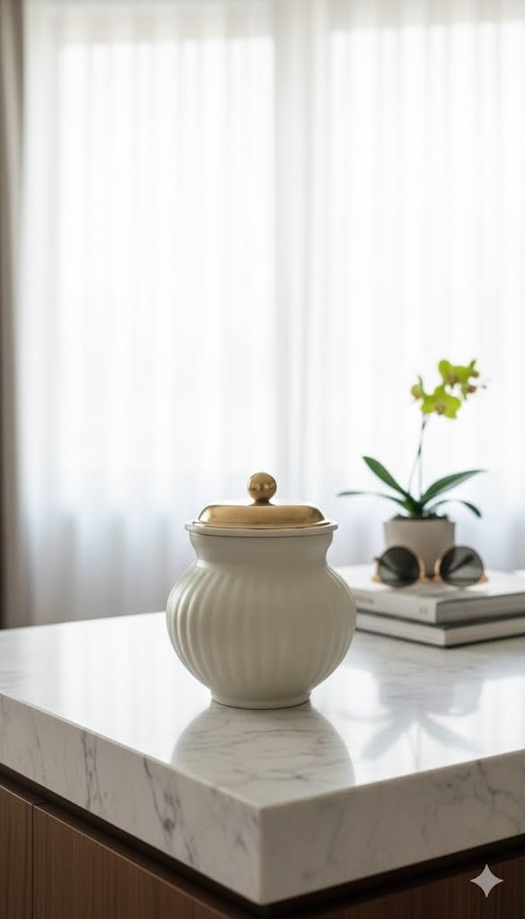 Ribbed Ceramic Storage Jar — Ivory & Gold, Edition 1