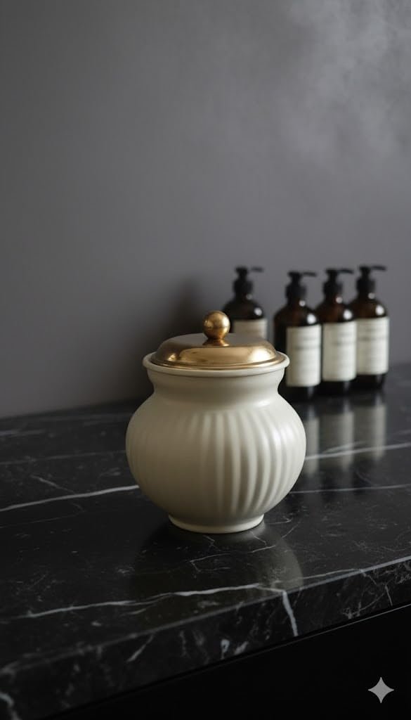 Ribbed Ceramic Storage Jar — Ivory & Gold, Edition 3