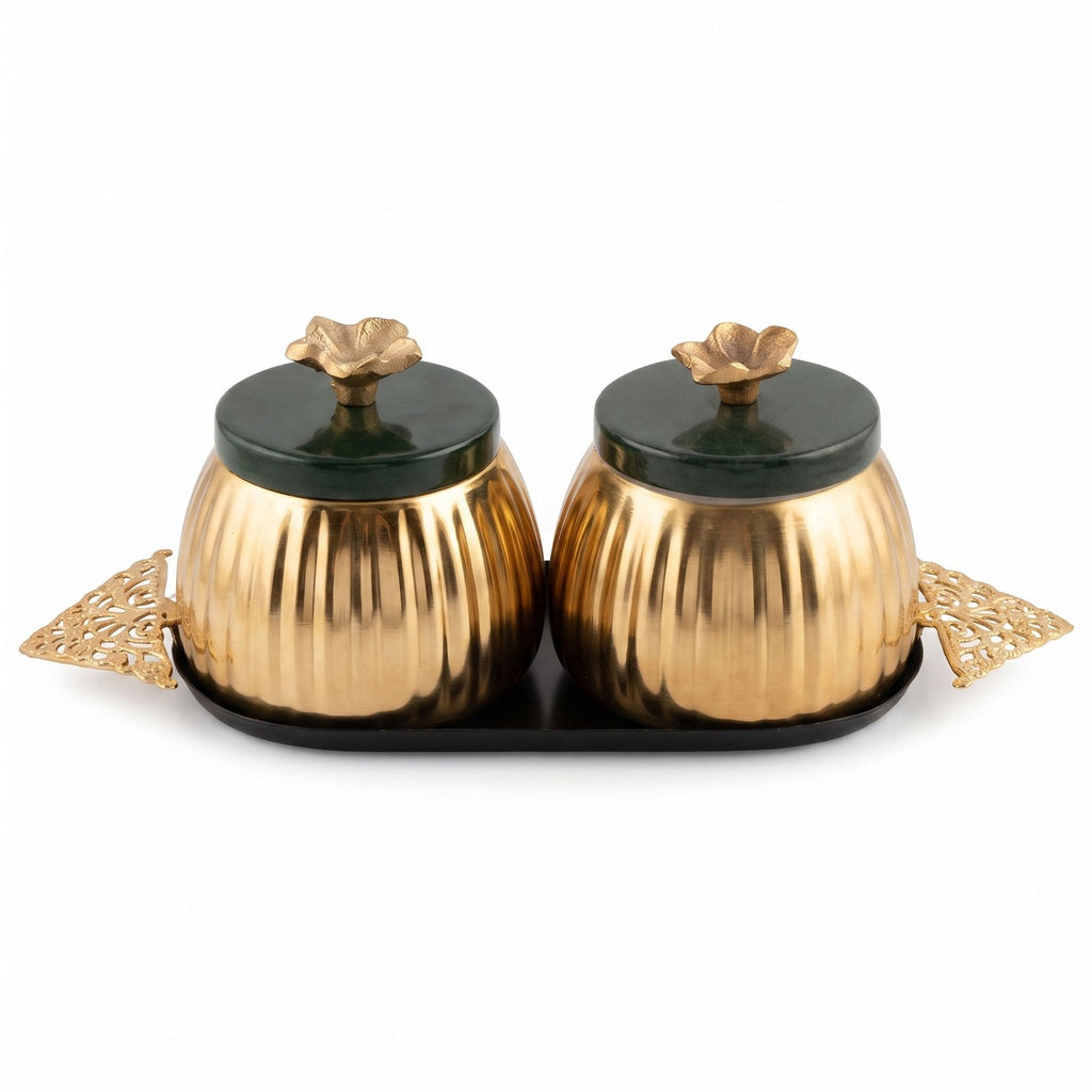 Brass Storage Jars with Tray — Set of 2