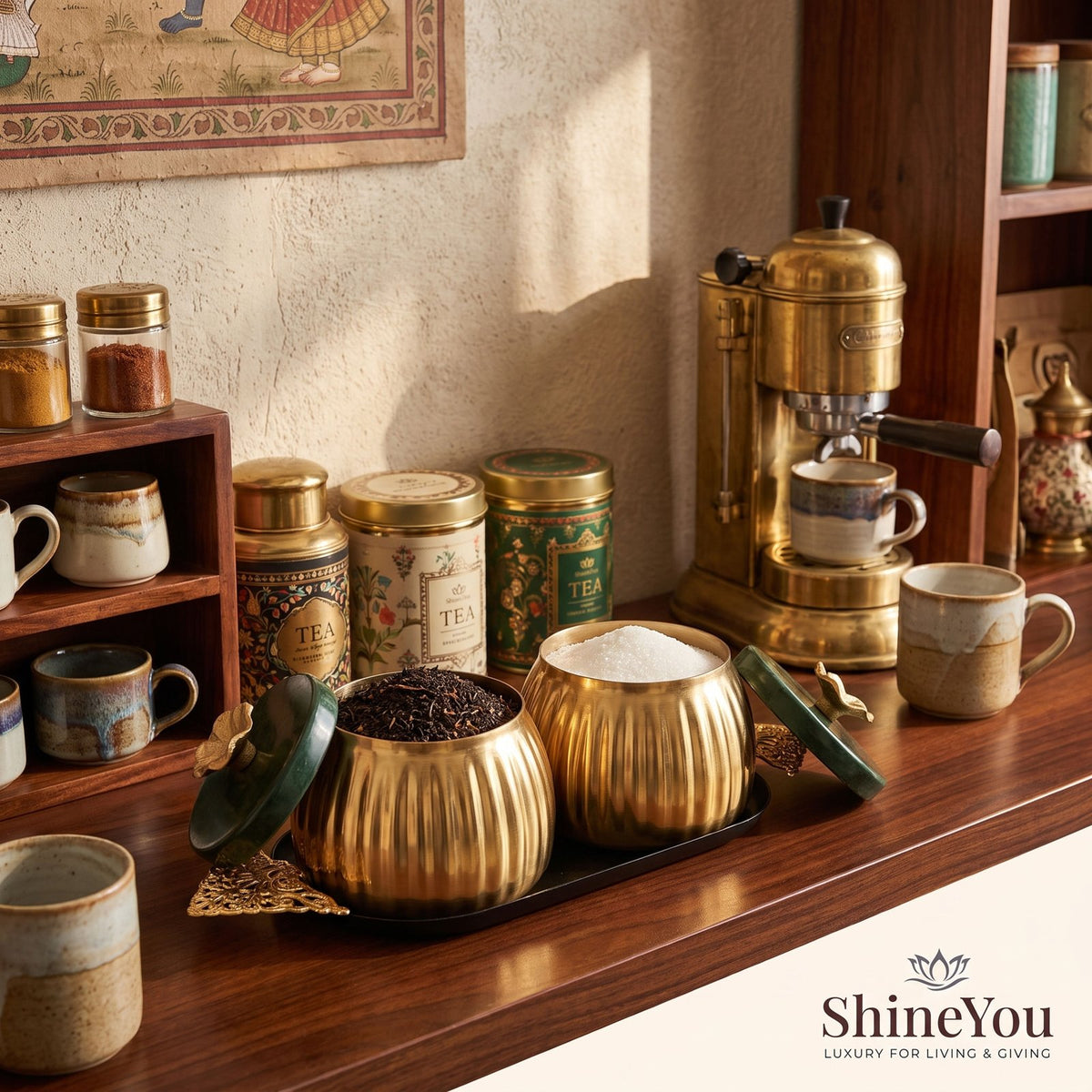 Brass Storage Jars with Tray — Set of 2