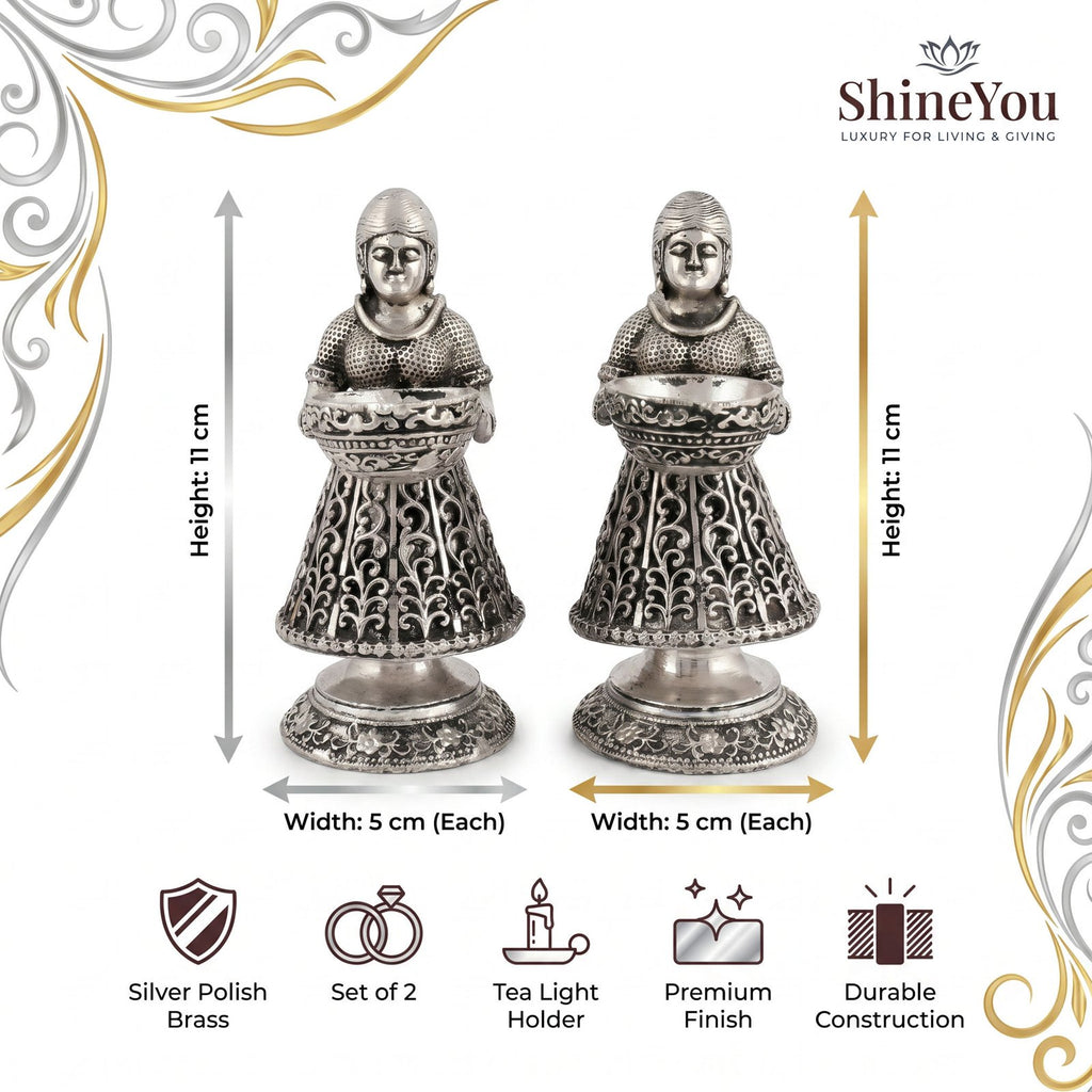 Lady Tea Light Holders — Silver Polish, Set of 2