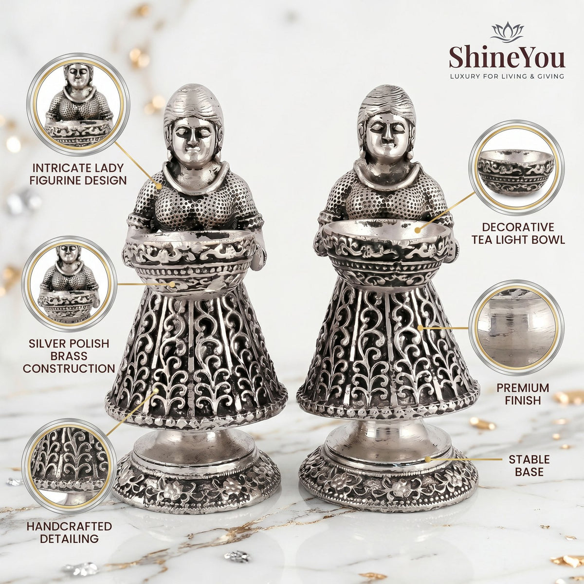 Lady Tea Light Holders — Silver Polish, Set of 2