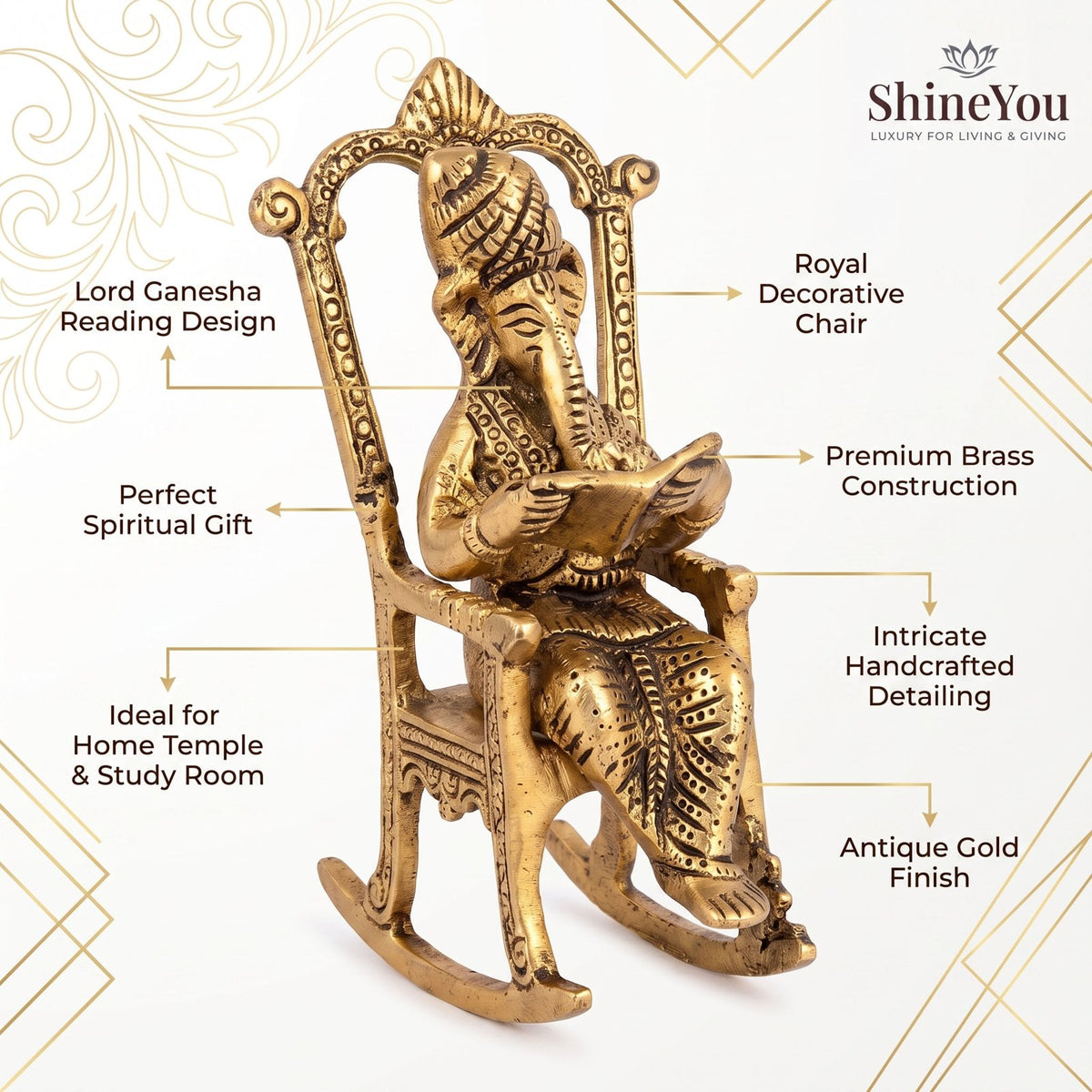 Brass Ganesha on Rocking Chair — Antique Finish