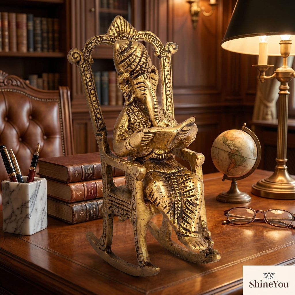 Brass Ganesha on Rocking Chair — Antique Finish