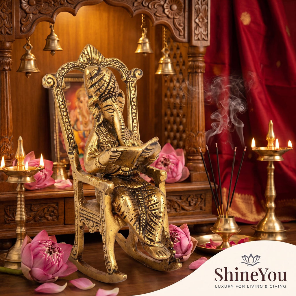 Brass Ganesha on Rocking Chair — Antique Finish