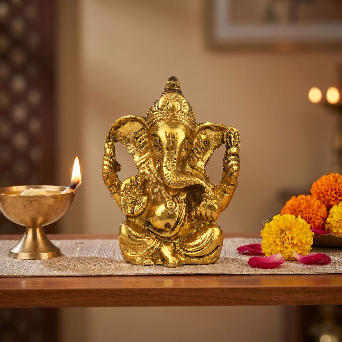 Brass Lord Ganesha Idol — Golden Finish