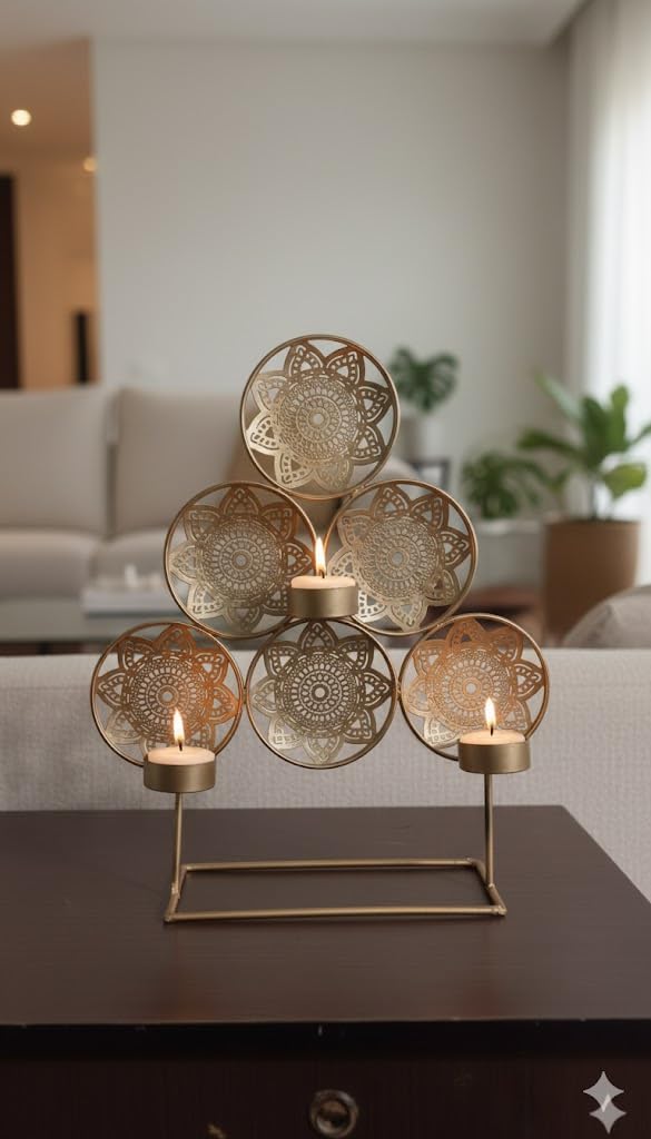 Mandala Tea Light Stand — Gold, Three Tier