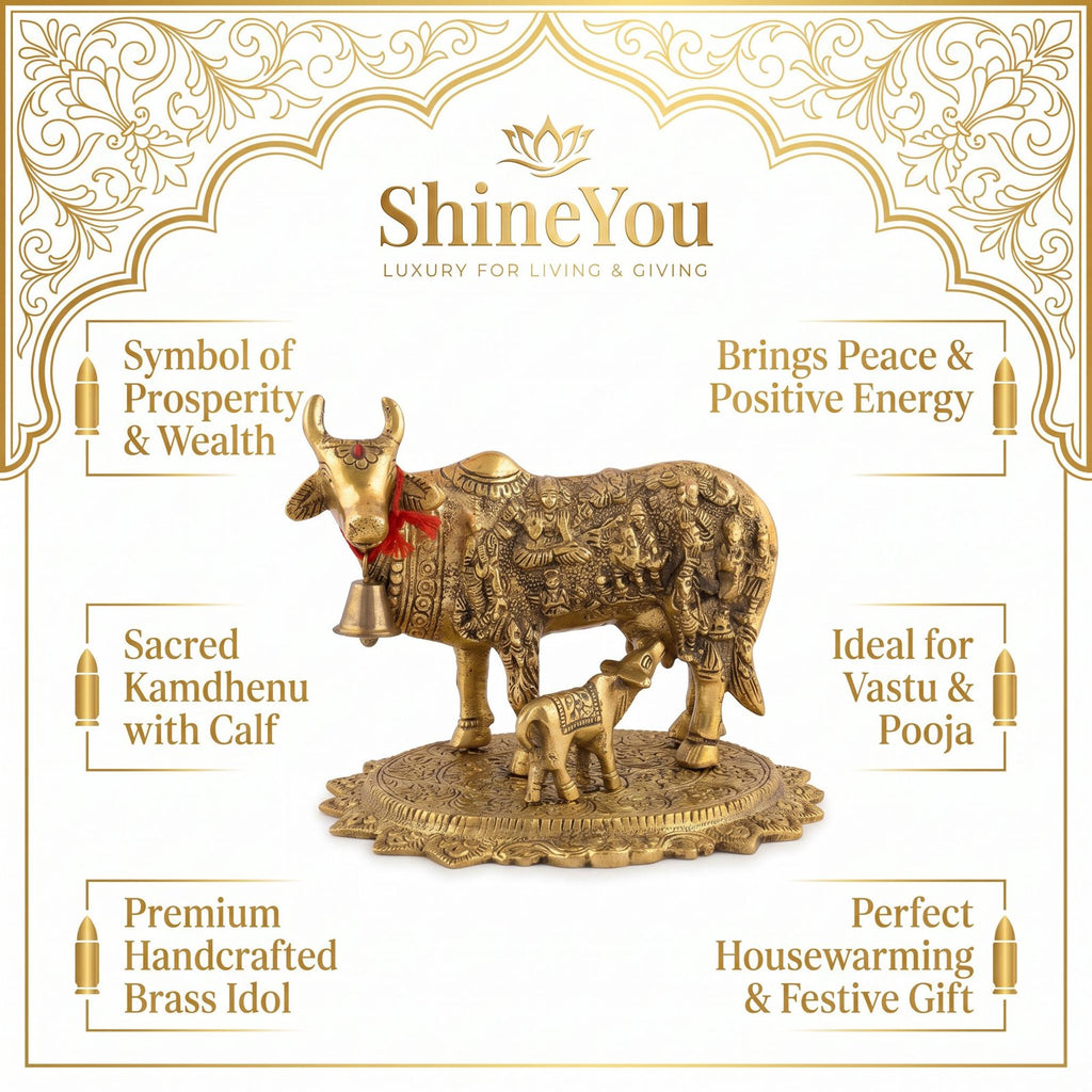Solid Brass Kamdhenu Cow & Calf on Lotus Base