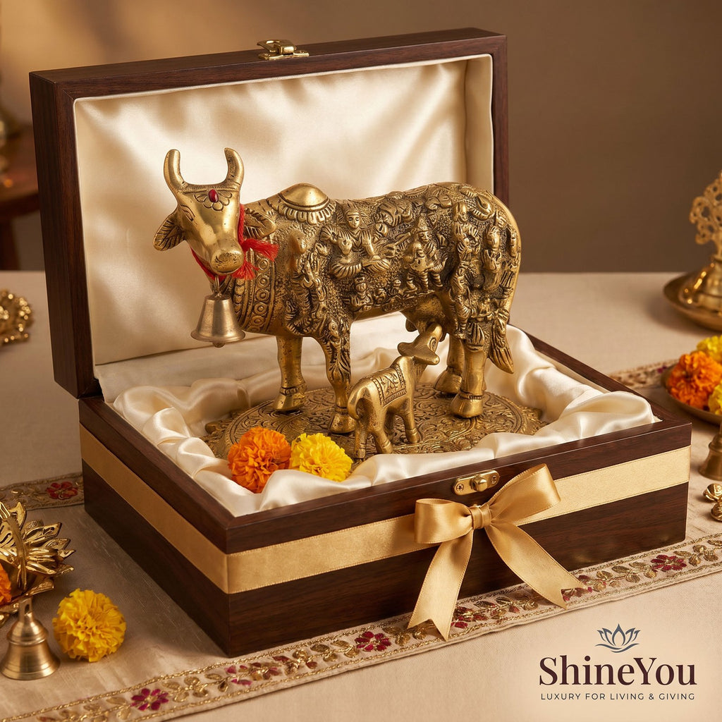 Solid Brass Kamdhenu Cow & Calf on Lotus Base