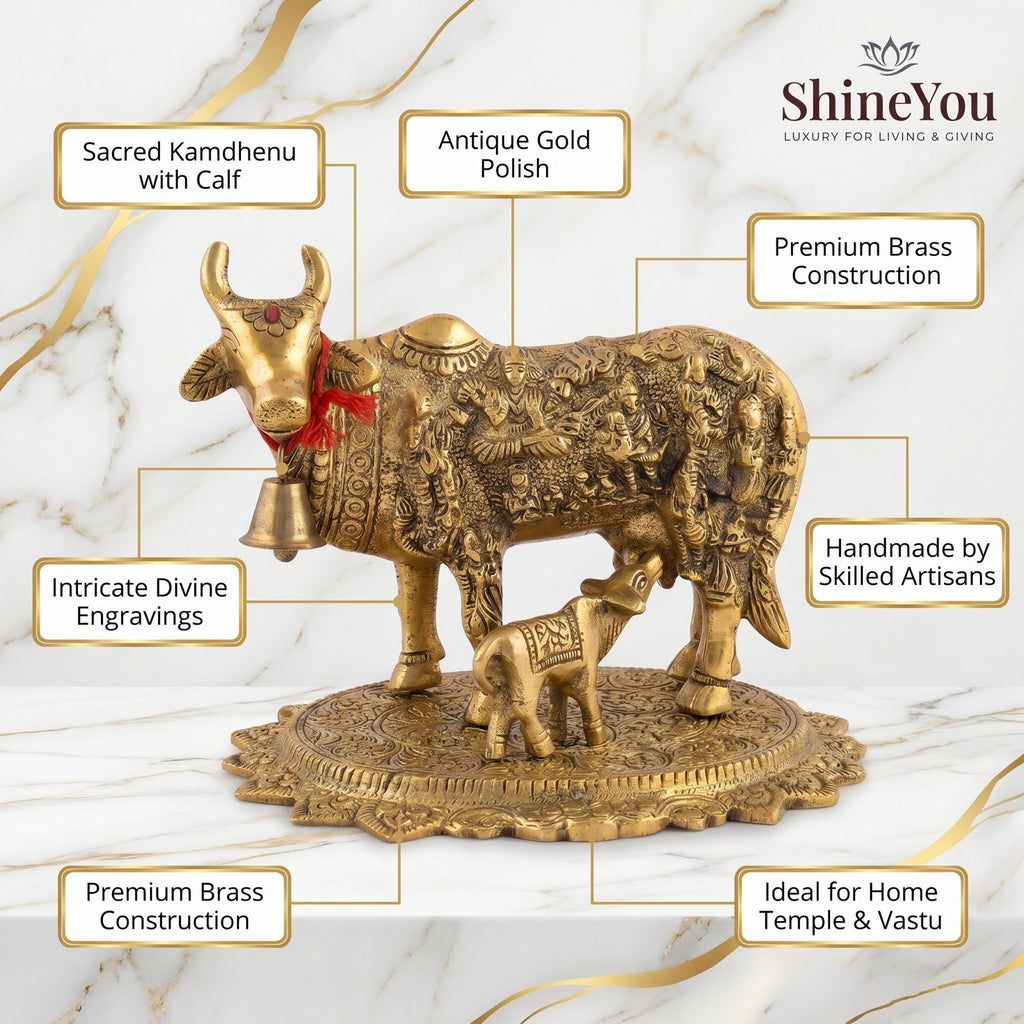 Solid Brass Kamdhenu Cow & Calf on Lotus Base