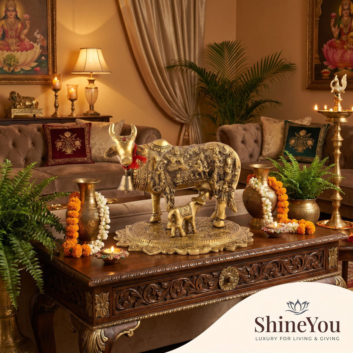 Solid Brass Kamdhenu Cow & Calf on Lotus Base