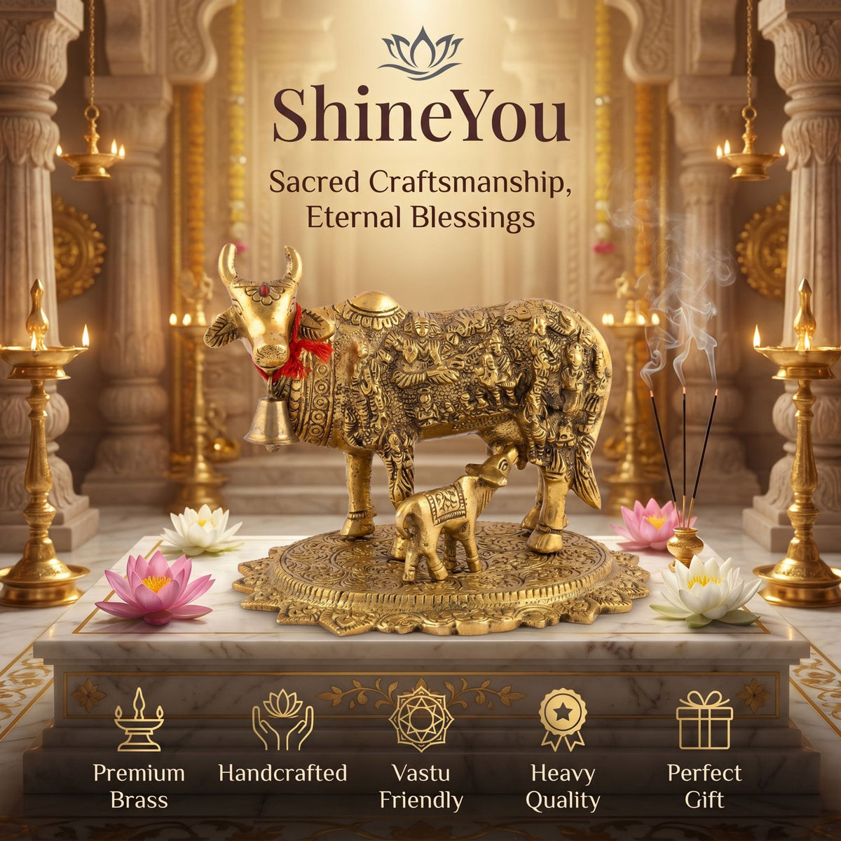 Solid Brass Kamdhenu Cow & Calf on Lotus Base