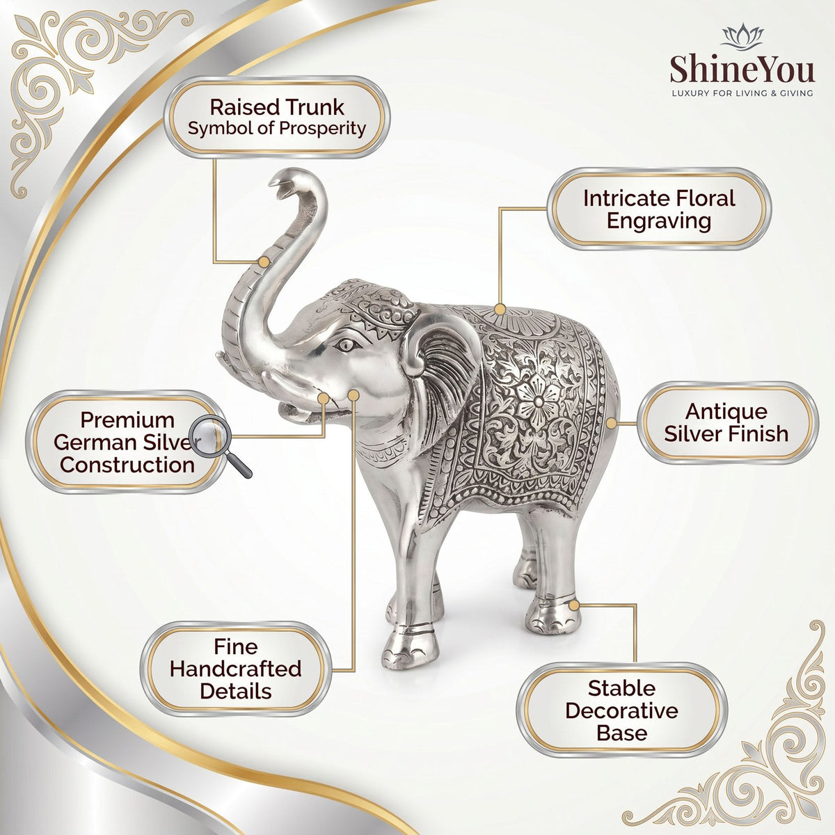 German Silver Elephant Figurine — Raised Trunk