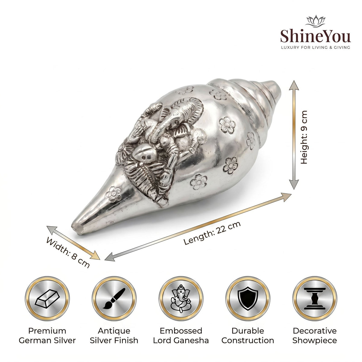 German Silver Ganesha Shankh — 22 cm