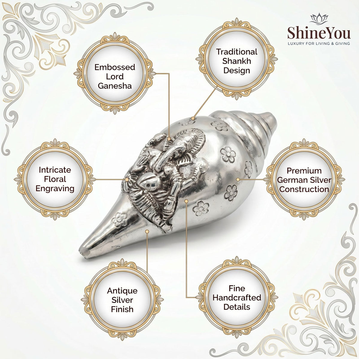 German Silver Ganesha Shankh — 22 cm