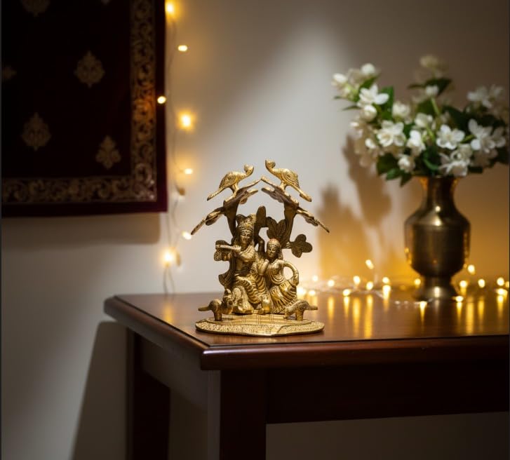 Radha Krishna Couple with Peacocks — Golden Finish