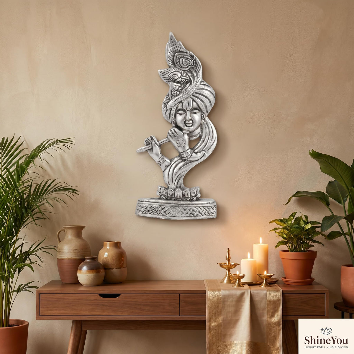 Lord Krishna with Flute — Antique Silver Finish
