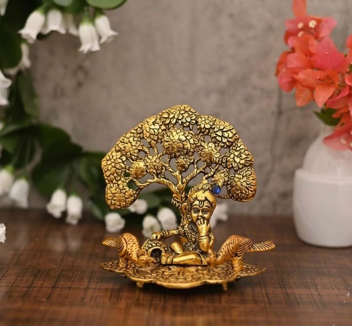 Brass Krishna Under Tree — Golden Finish