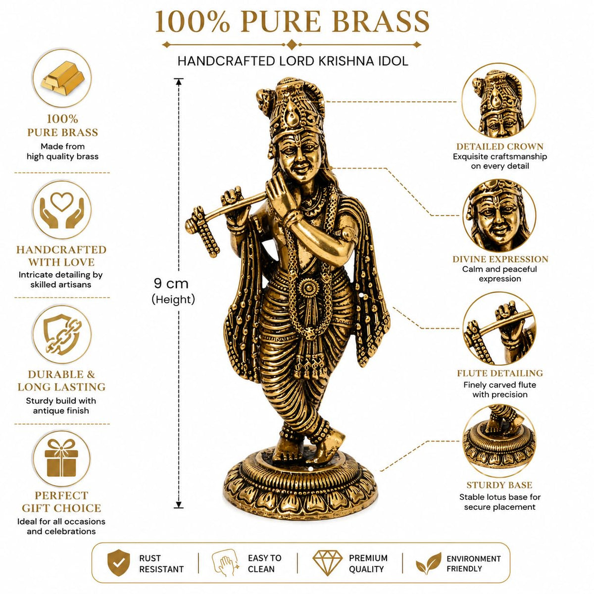 Brass Lord Krishna with Flute — 9 cm