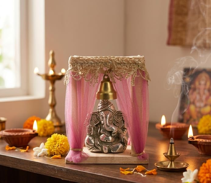 Lord Ganesha in Wooden Mandap with Bell