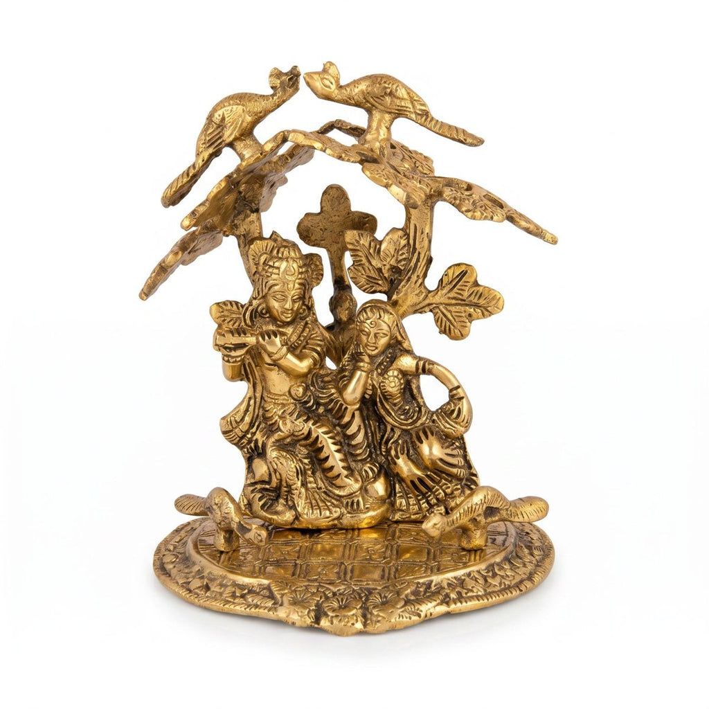 Radha Krishna Under Tree with Birds — Antique Brass