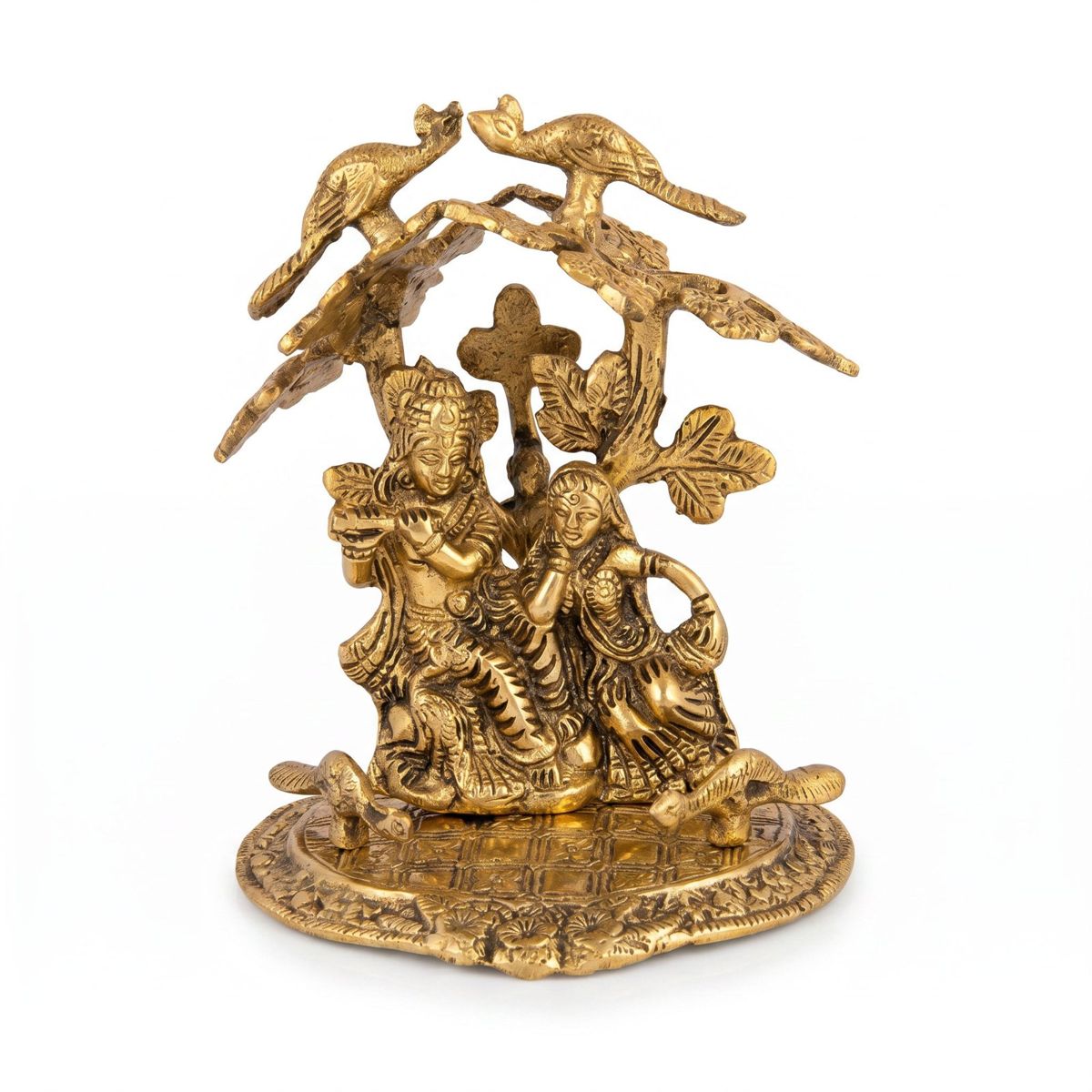 Radha Krishna Under Tree with Birds — Antique Brass