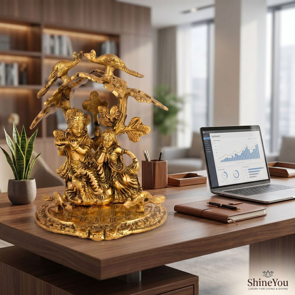 Radha Krishna Under Tree with Birds — Antique Brass