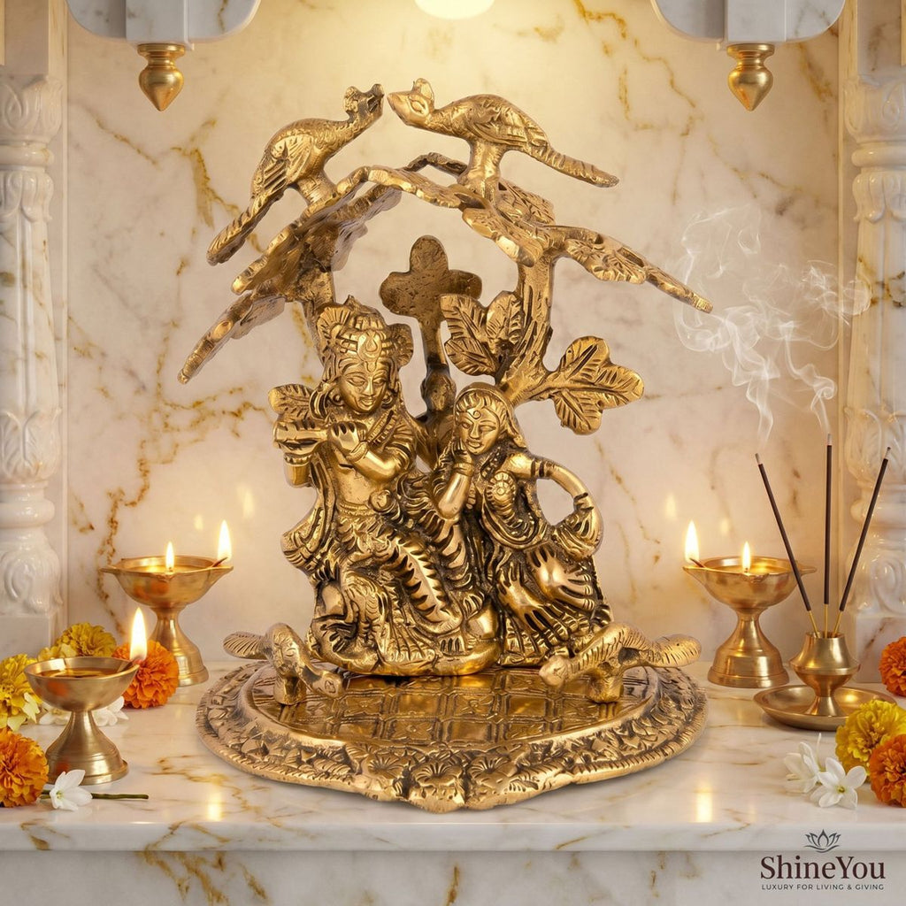 Radha Krishna Under Tree with Birds — Antique Brass