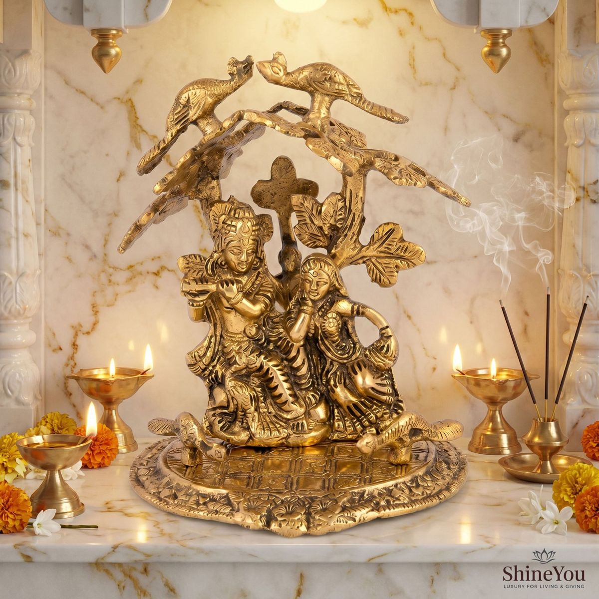 Radha Krishna Under Tree with Birds — Antique Brass