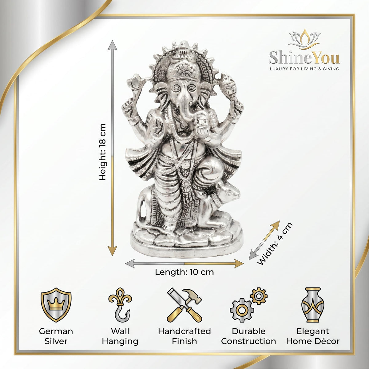 German Silver Ganesha Wall Idol — 18 cm