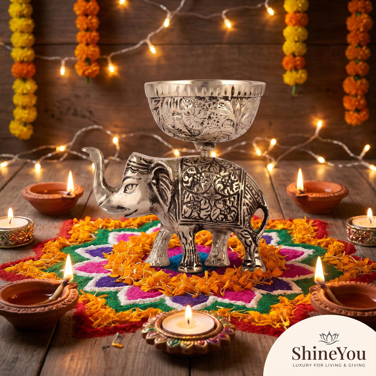German Silver Elephant Diya