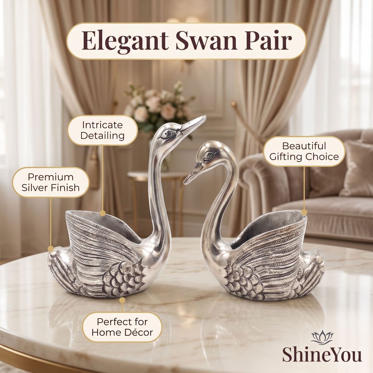 Swan Decorative Bowls — Silver, Set of 2