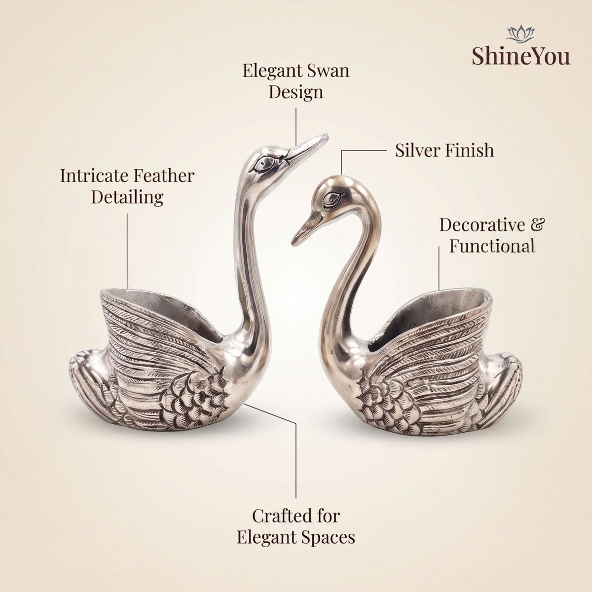 Swan Decorative Bowls — Silver, Set of 2