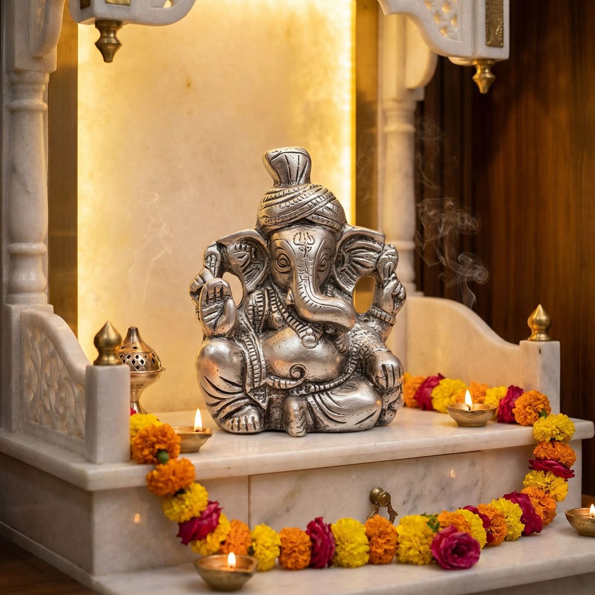 Brass Ganesha Idol — Silver Finish