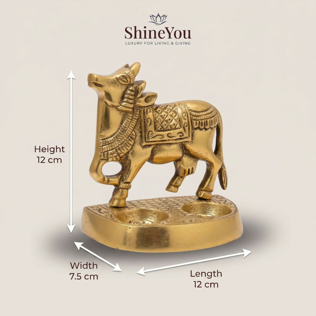 Brass Kamdhenu Dual Diya Stand — Antique Gold