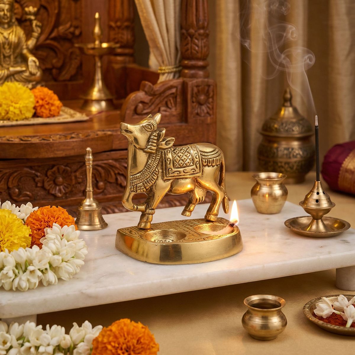 Brass Kamdhenu Dual Diya Stand — Antique Gold