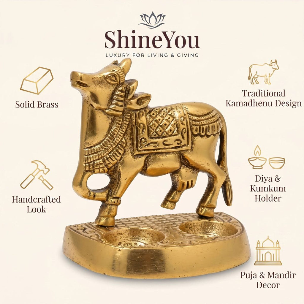 Brass Kamdhenu Dual Diya Stand — Antique Gold