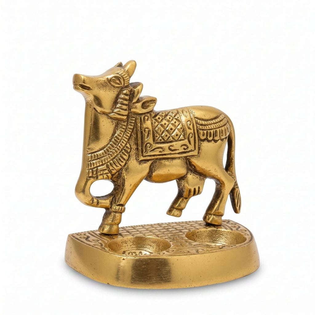 Brass Kamdhenu Dual Diya Stand — Antique Gold