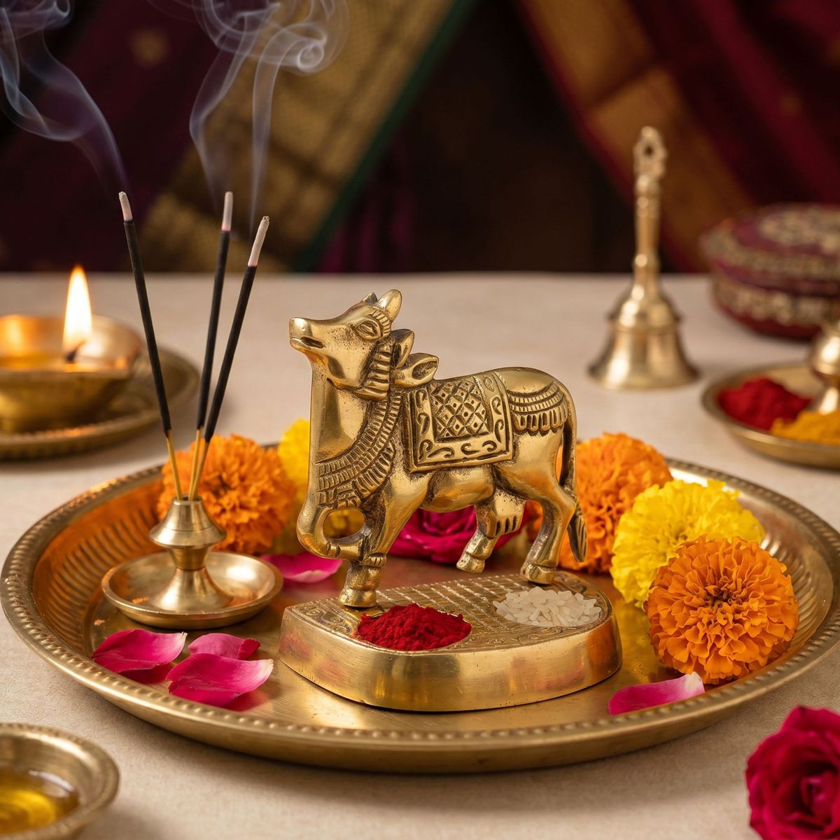 Brass Kamdhenu Dual Diya Stand — Antique Gold