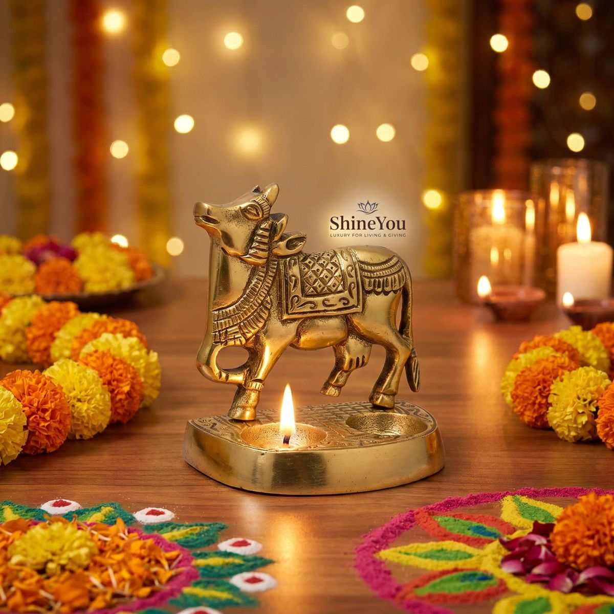 Brass Kamdhenu Dual Diya Stand — Antique Gold