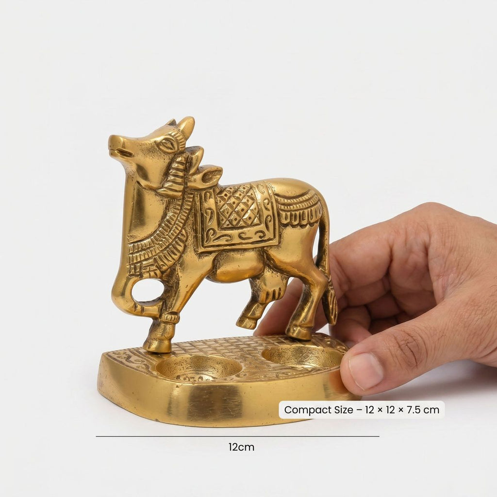 Brass Kamdhenu Dual Diya Stand — Antique Gold