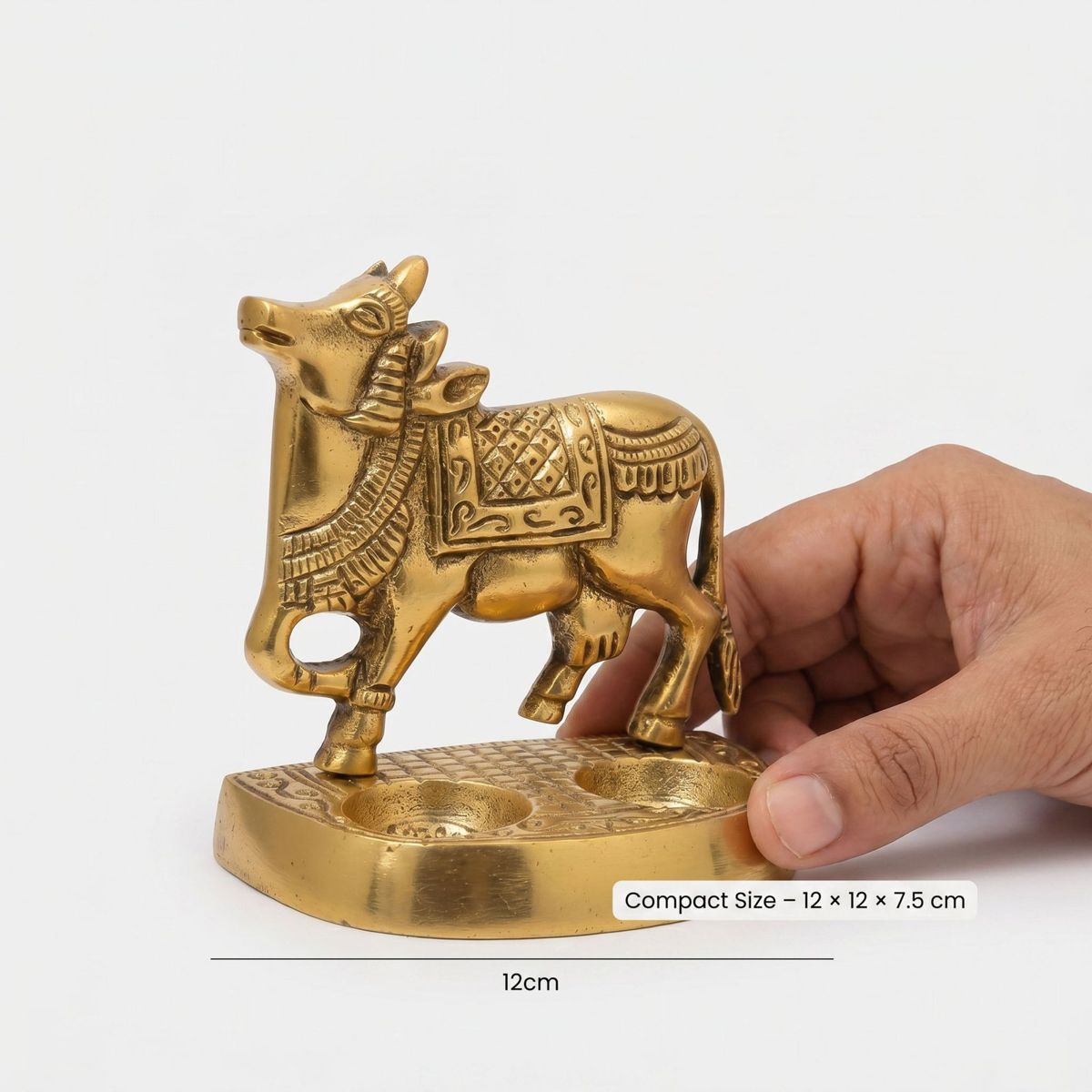 Brass Kamdhenu Dual Diya Stand — Antique Gold