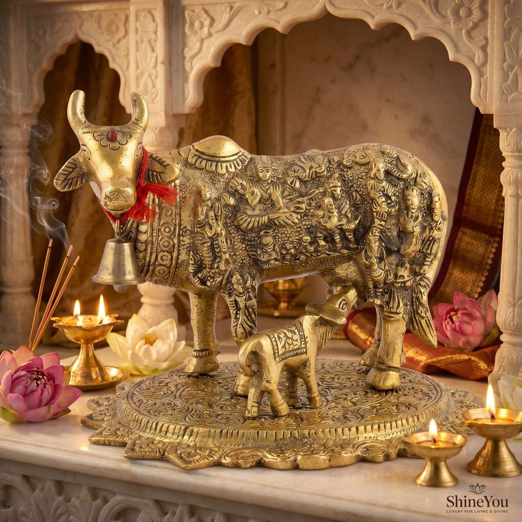 Solid Brass Kamdhenu Cow & Calf on Lotus Base