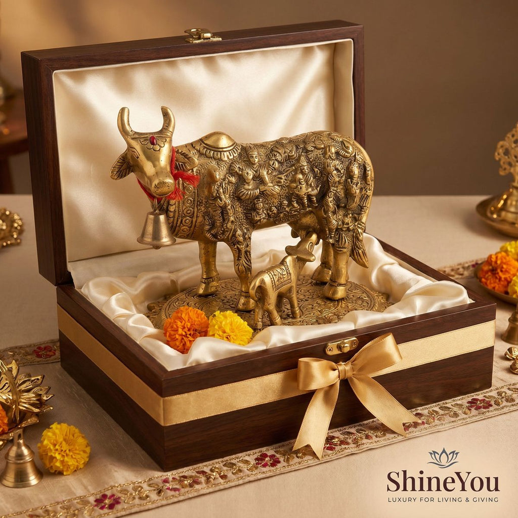 Solid Brass Kamdhenu Cow & Calf on Lotus Base