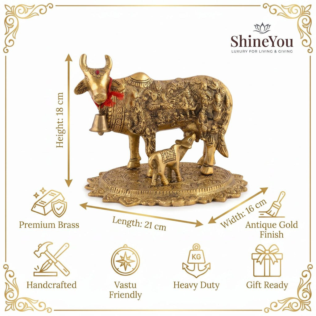 Solid Brass Kamdhenu Cow & Calf on Lotus Base