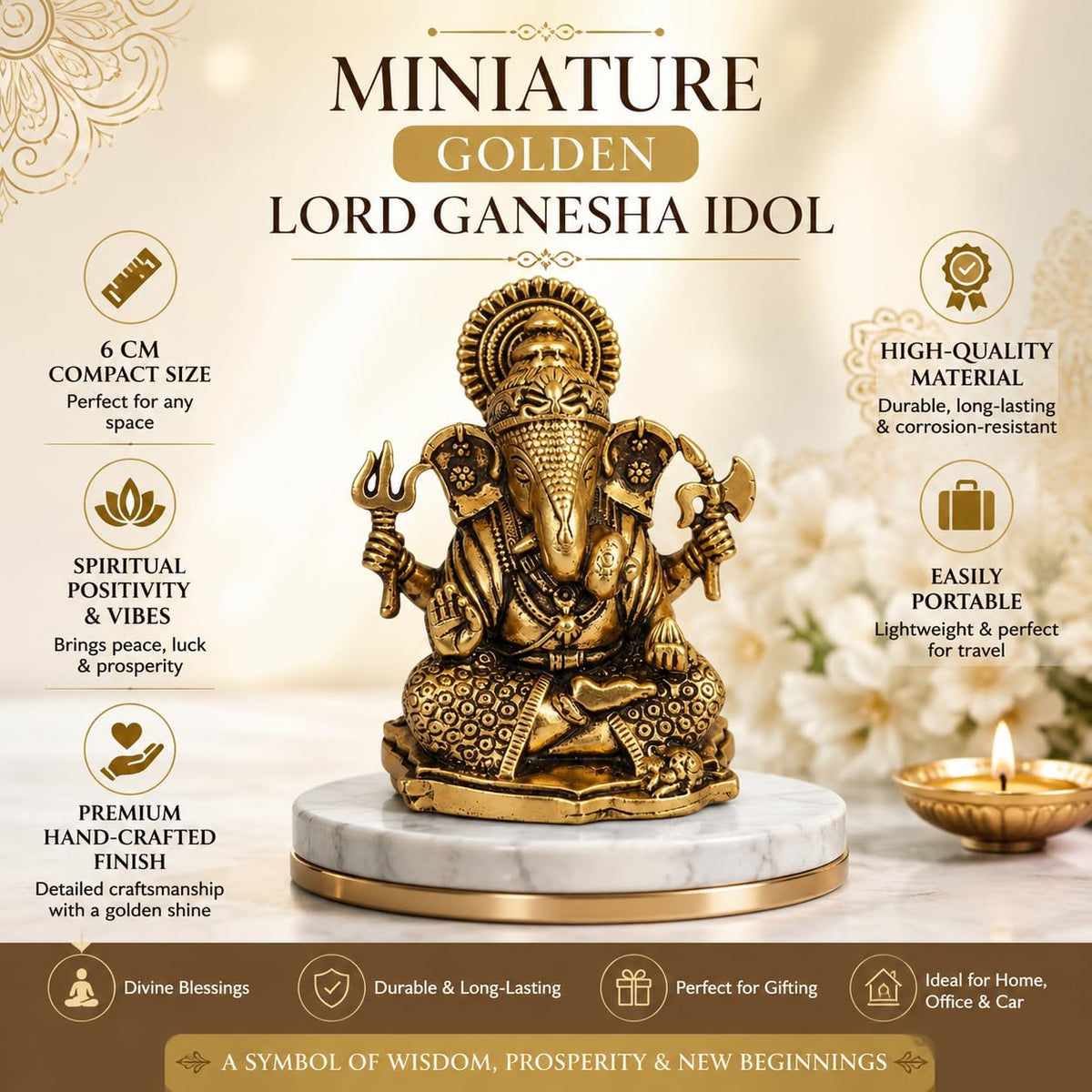 Mini Lord Ganesha Idol — Golden Finish, 6 cm