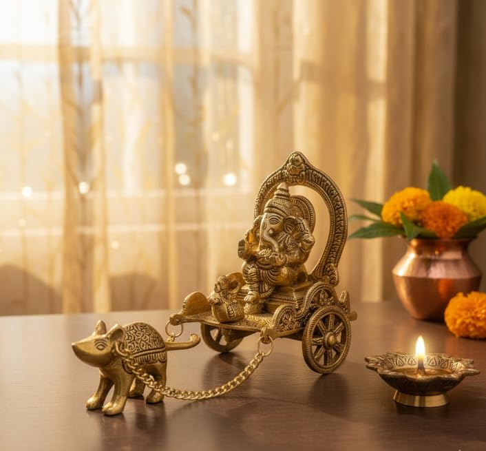Lord Ganesha on Mushak Rath — Brass Finish