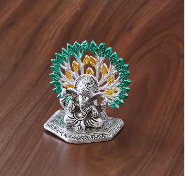 Lord Ganesha with Peacock Feather — Silver Finish