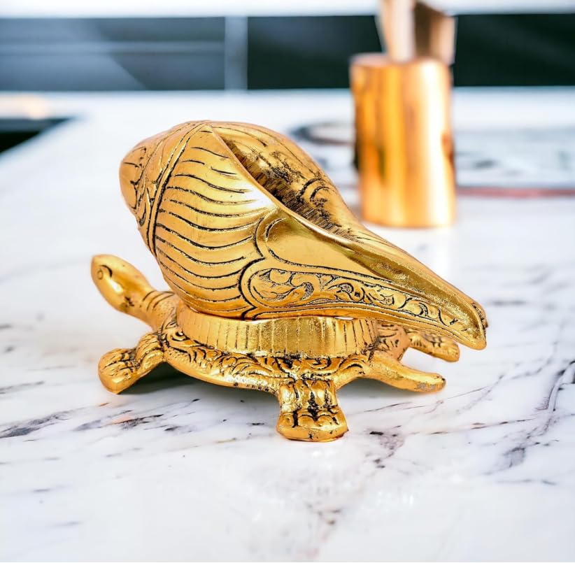 Brass Tortoise with Shankh — Gold, 15.2 cm