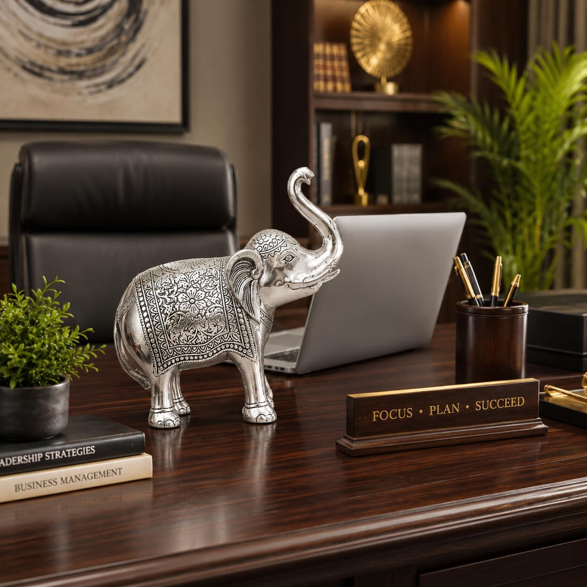 Engraved Elephant Figurine — Silver, 24 cm